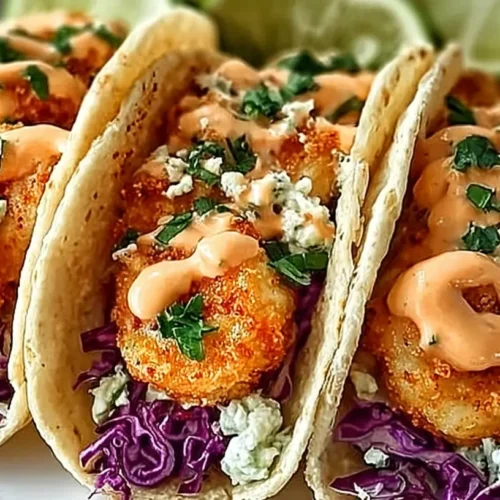 Air Fryer Bang Bang Shrimp Tacos: Amazing, Crispy & Happy 2 Air Fryer Bang Bang Shrimp Tacos with crispy shrimp, purple cabbage slaw, creamy bang bang sauce, and fresh cilantro on soft tortillas