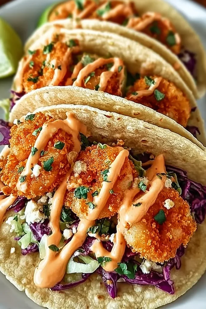 Air Fryer Bang Bang Shrimp Tacos: Amazing, Crispy & Happy 3 Air Fryer Bang Bang Shrimp Tacos served in a row with crunchy slaw, bang bang sauce drizzle, chopped cilantro, and lime wedges