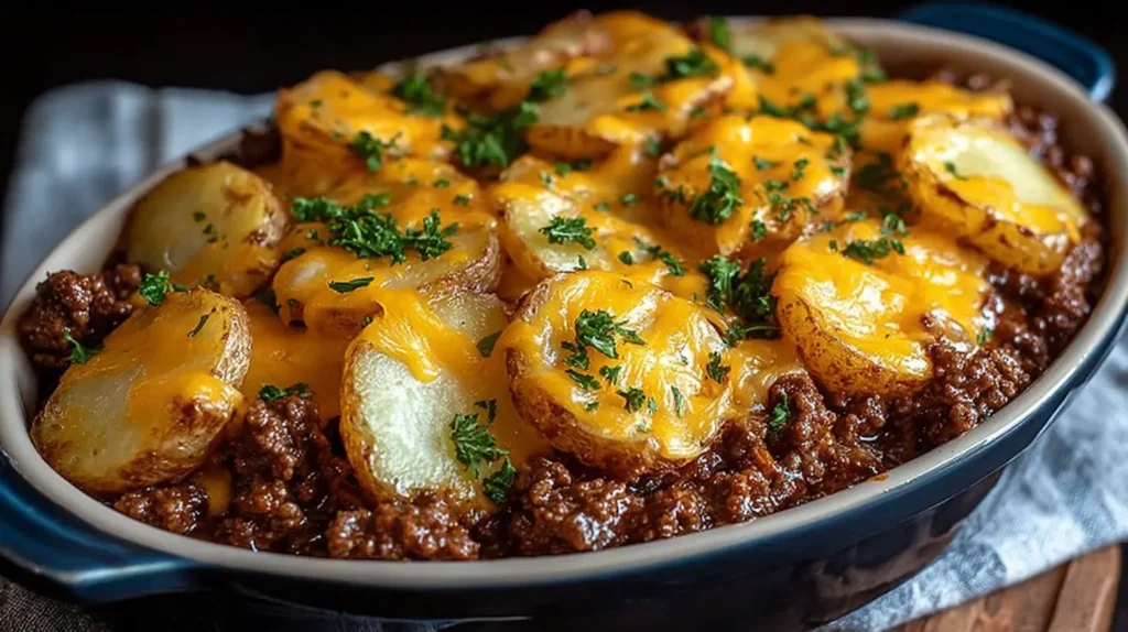 Oval baking dish filled with cheesy ground beef and potato casserole, topped with browned potato slices, melted cheddar cheese and chopped parsley.