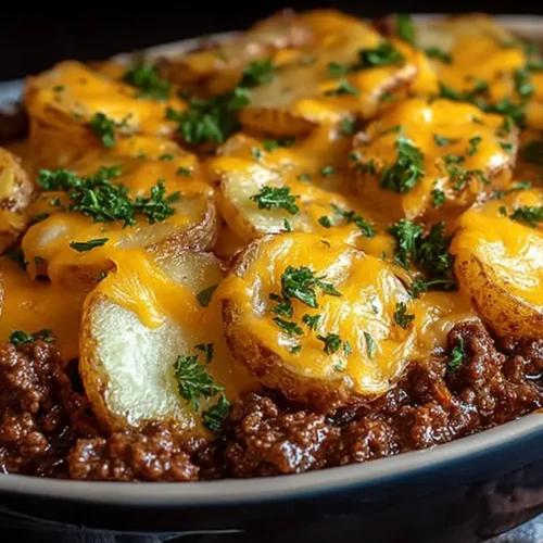 Oval baking dish filled with cheesy ground beef and potato casserole, topped with browned potato slices, melted cheddar cheese and chopped parsley.
