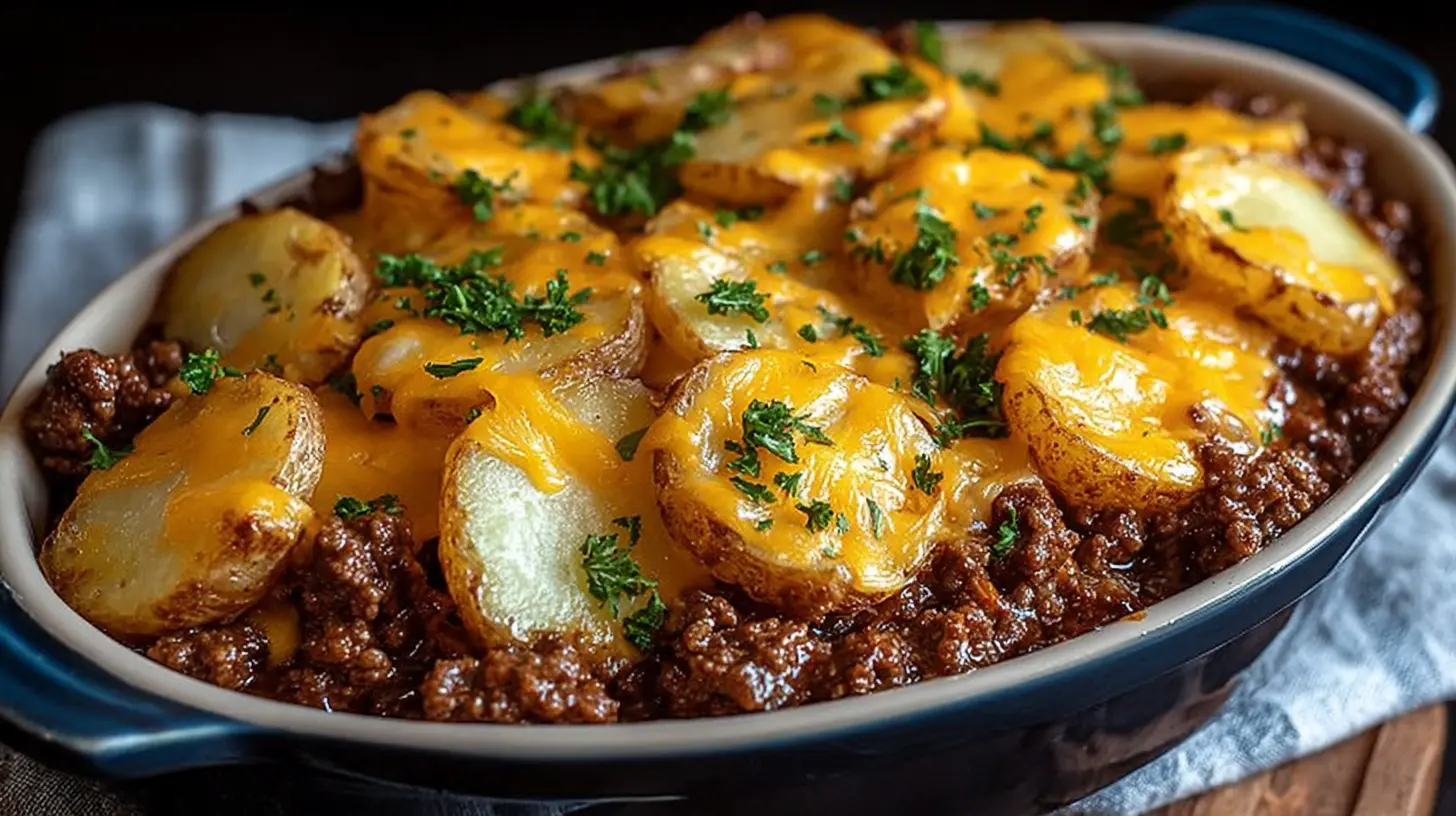 Oval baking dish filled with cheesy ground beef and potato casserole, topped with browned potato slices, melted cheddar cheese and chopped parsley.