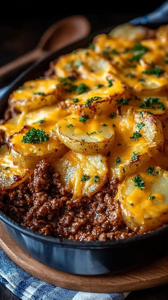 Close-up of cheesy ground beef and potato casserole in a black skillet, topped with golden potato slices, melted cheddar and fresh parsley.