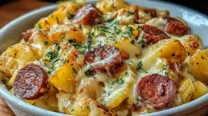Cheesy Ranch Potatoes and Smoked Sausage baked in a white dish, with browned sausage slices and golden potatoes covered in melted cheese and herbs.