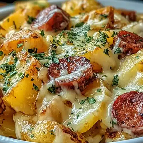 Cheesy Ranch Potatoes and Smoked Sausage baked in a white dish, with browned sausage slices and golden potatoes covered in melted cheese and herbs.