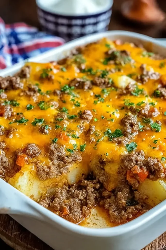 Hobo casserole ground beef recipe baked in a white square dish with golden melted cheese and parsley on top.