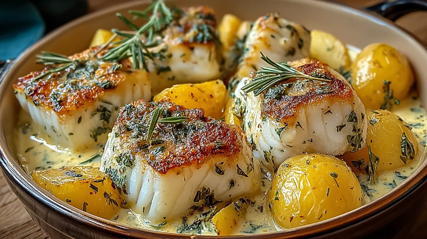 Rosemary cream sauce cod close-up showing golden crusted cod fillets, creamy sauce, rosemary sprigs, and roasted potatoes