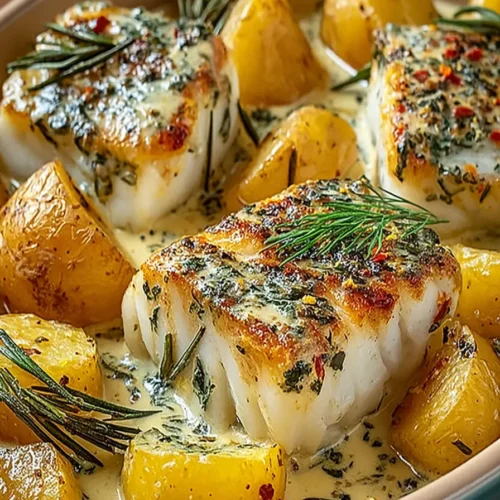 Rosemary Cream Sauce Cod with Golden Potatoes in Skillet