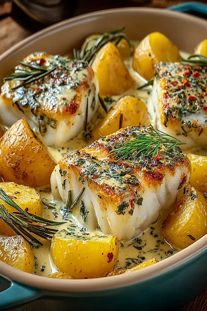 Rosemary Cream Sauce Cod with Golden Potatoes in Skillet