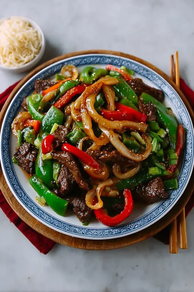 Chinese pepper steak with tender beef strips, green and red bell peppers, and sautéed onions in a glossy savory sauce