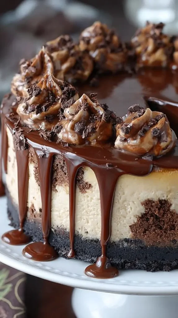 German Chocolate Cheesecake whole cake with chocolate ganache drip, chocolate swirls on top, and a dark cookie crust on a cake stand