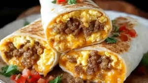Cheesy Sausage Breakfast Burritos stacked on a plate with scrambled eggs, sausage crumbles, melted cheese, and fresh cilantro