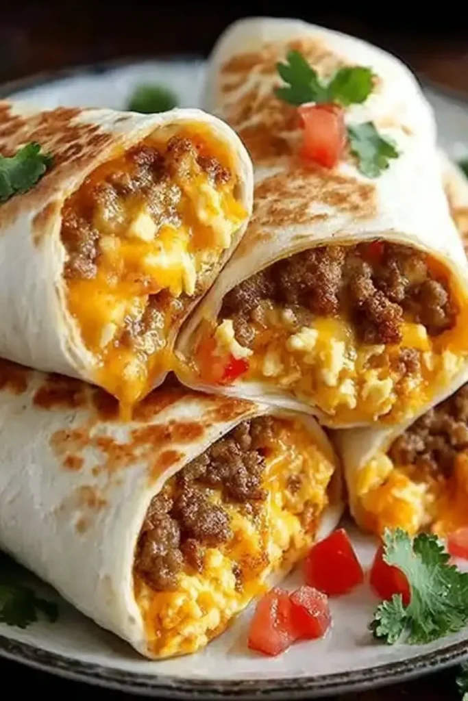 Cheesy Sausage Breakfast Burritos filled with scrambled eggs, seasoned sausage, and melted cheddar in toasted tortillas with diced tomatoes