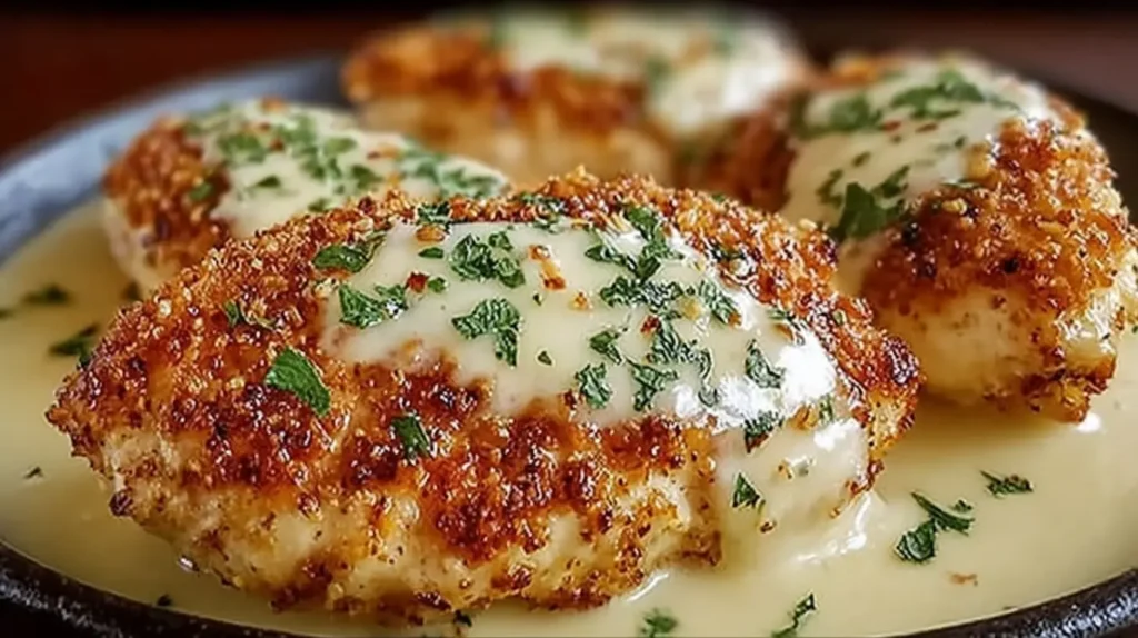 Longhorn Steakhouse Parmesan Chicken served on a plate with creamy parmesan sauce and herb garnish