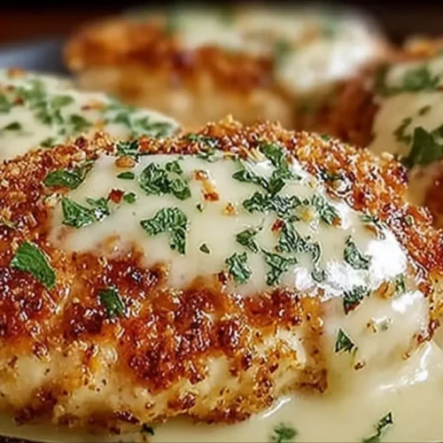 Longhorn Steakhouse Parmesan Chicken served on a plate with creamy parmesan sauce and herb garnish