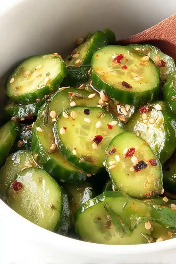 Japanese cucumber salad close-up showing sliced cucumbers coated in sesame dressing with chili flakes