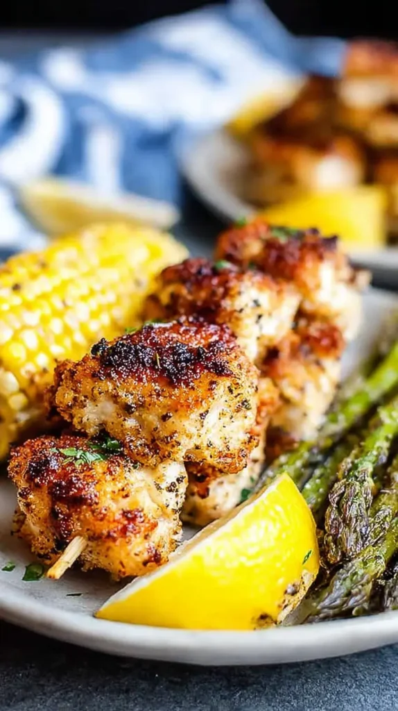 Plate of grilled chicken spiedini skewers served with roasted asparagus, lemon wedges, and corn on the cob.
