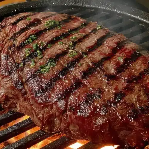 Grilled Wagyu Steak finishing on the grill with rich mahogany sear marks, a thick steak resting over indirect heat with chopped herbs on top and gentle smoke