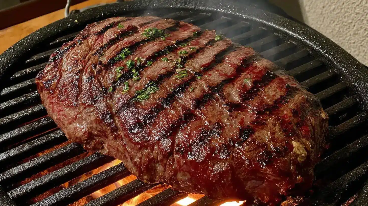 Grilled Wagyu Steak finishing on the grill with rich mahogany sear marks, a thick steak resting over indirect heat with chopped herbs on top and gentle smoke