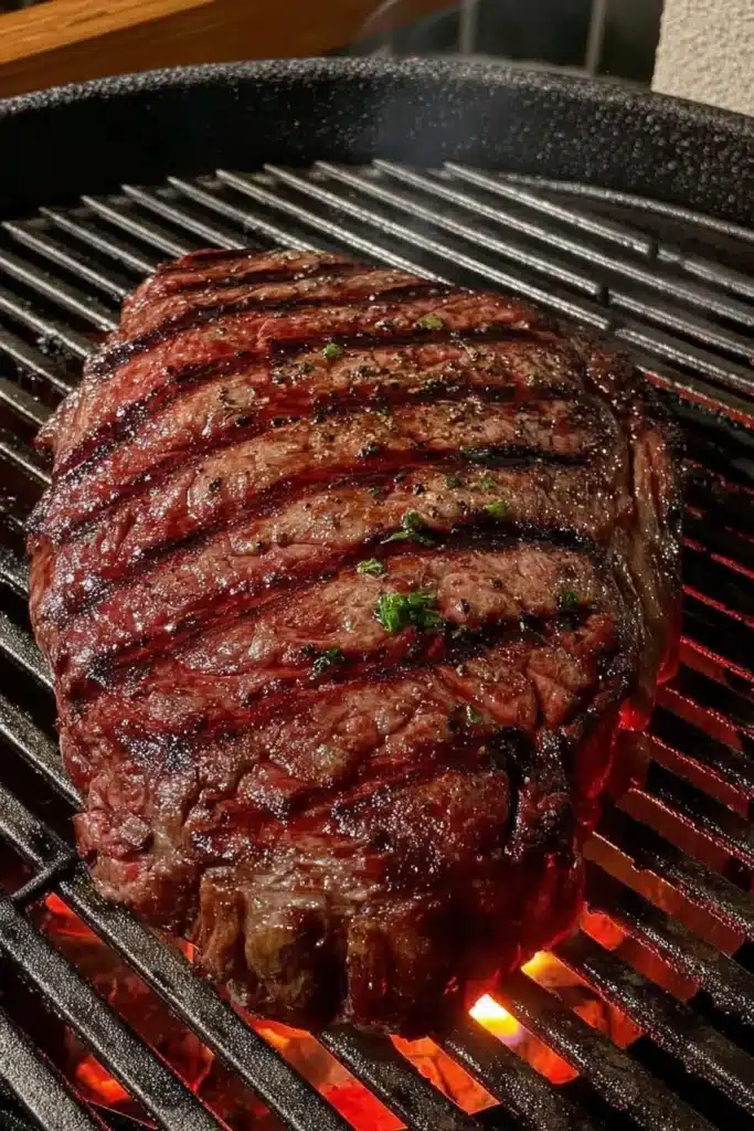 Grilled Wagyu Steak searing over glowing coals on a round grill grate, glossy browned crust with deep grill marks and light smoke