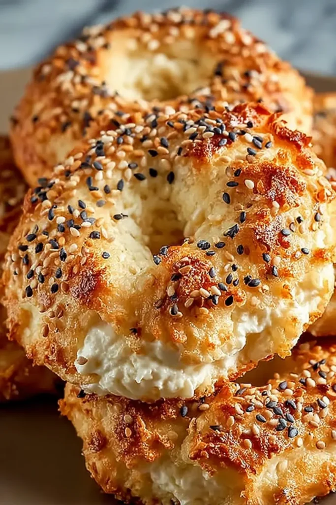 Fluffy & Healthy Greek Yogurt Bagels: Simple, High-Protein & Bakery-Style 3 Stack of Greek yogurt bagels sprinkled with everything seasoning, showing their soft, fluffy crumb and golden crust.
