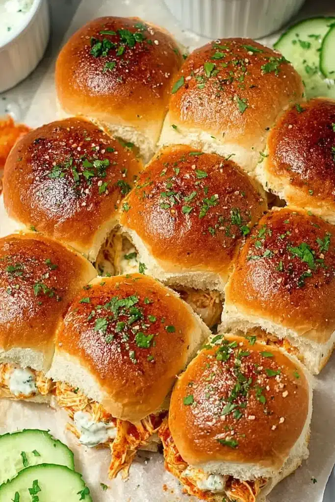 Close-up of golden buffalo chicken sliders topped with parsley on shiny dinner rolls with cucumber slices on the side.