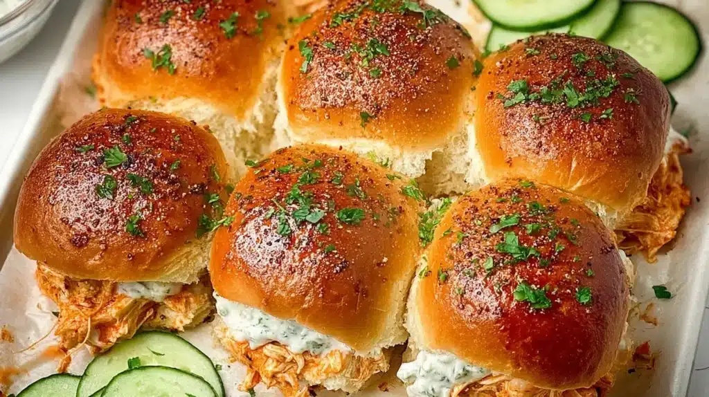 Tray of buffalo chicken sliders made with glossy golden rolls, creamy filling and cucumber slices arranged around the edges.