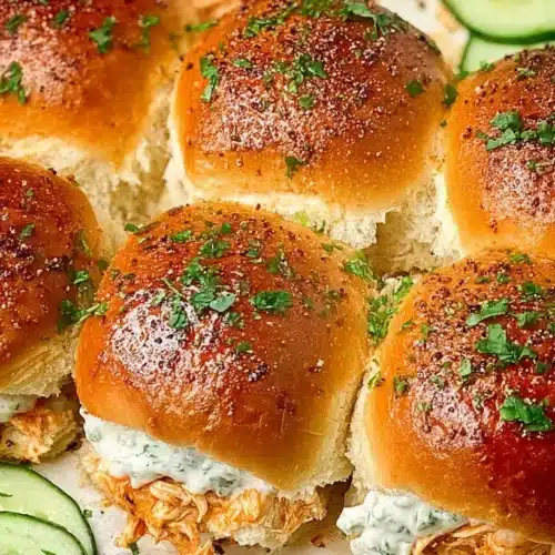 Tray of buffalo chicken sliders made with glossy golden rolls, creamy filling and cucumber slices arranged around the edges.