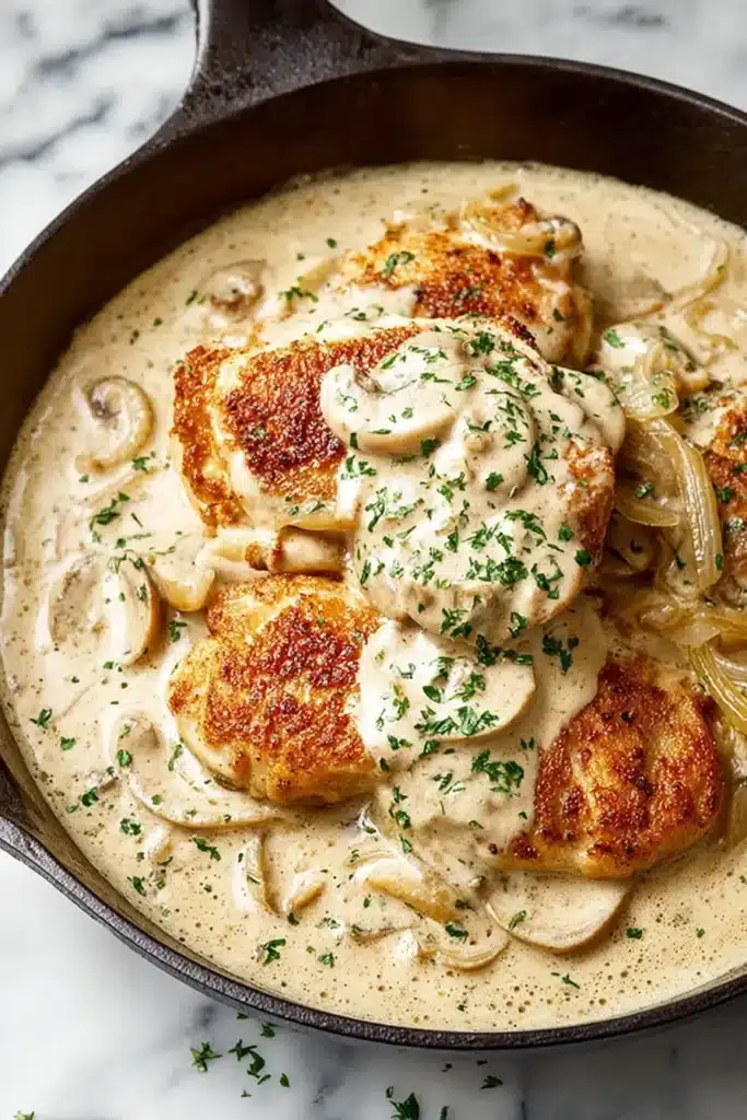 Sour Cream and Onion Chicken: Amazing, Cozy Skillet 3 Sour Cream and Onion Chicken in a cast iron skillet with creamy onion sauce and mushrooms, topped with fresh parsley