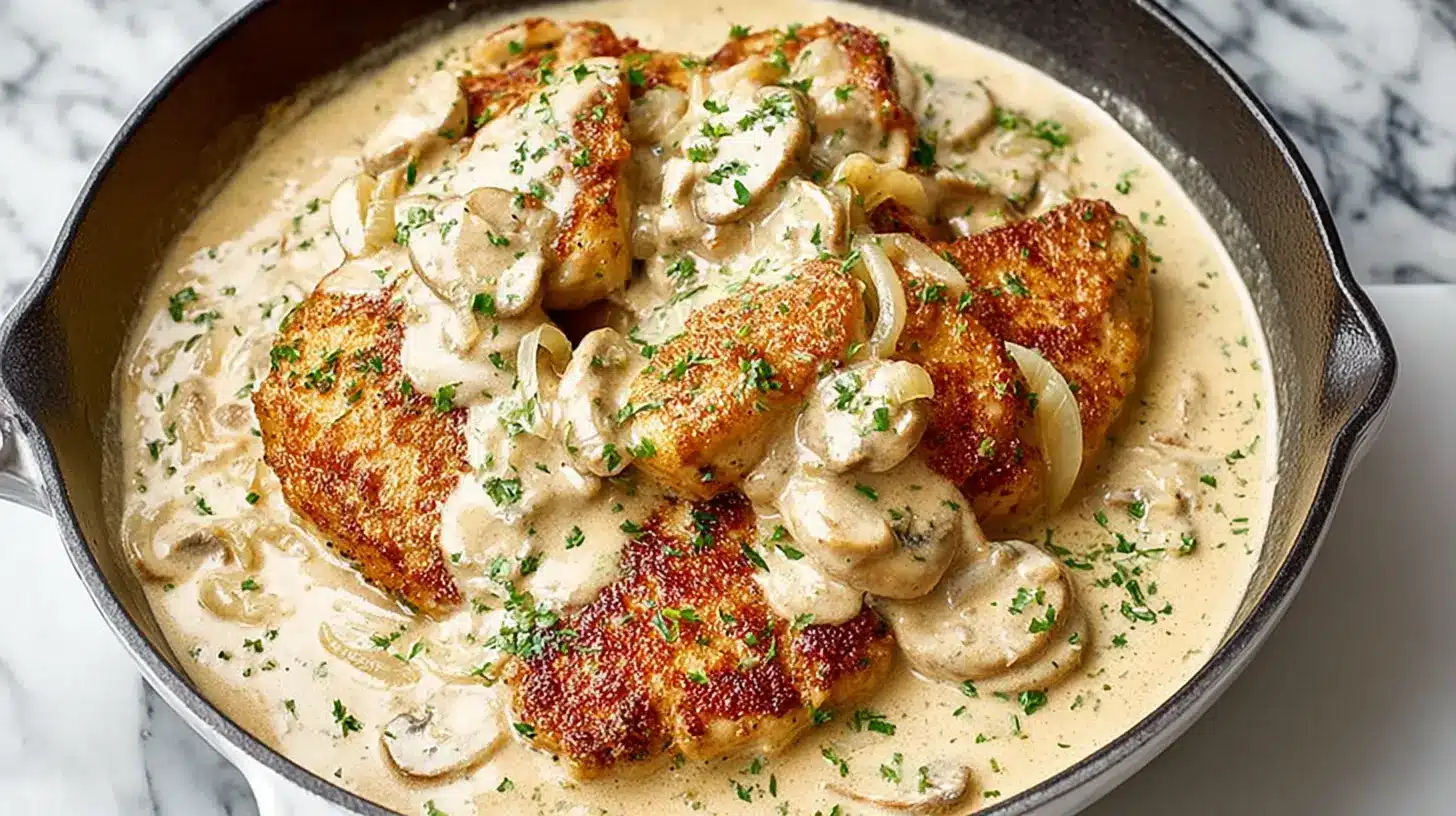 Sour Cream and Onion Chicken: Amazing, Cozy Skillet 1 Sour Cream and Onion Chicken simmered in a creamy mushroom and onion sauce, garnished with chopped parsley in a skillet