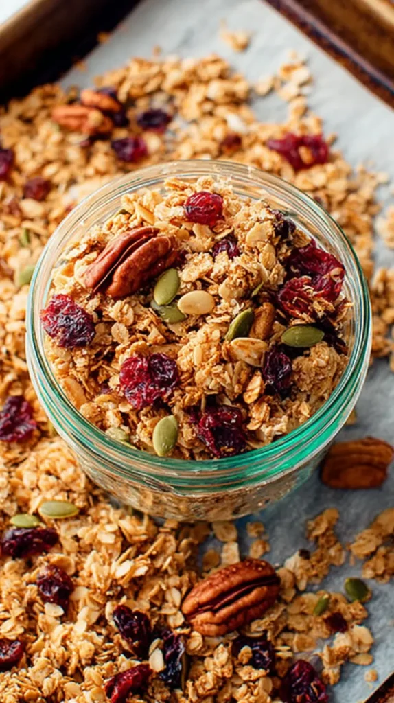 Healthy granola recipe packed into a glass jar, with oats, pecans, pumpkin seeds and dried cranberries spilling onto the tray underneath.