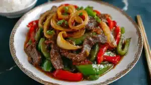 Chinese pepper steak stir fry with juicy beef, bell peppers, onions, and rich brown sauce served as a quick weeknight meal