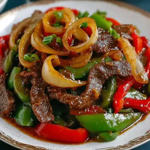 Chinese pepper steak stir fry with juicy beef, bell peppers, onions, and rich brown sauce served as a quick weeknight meal