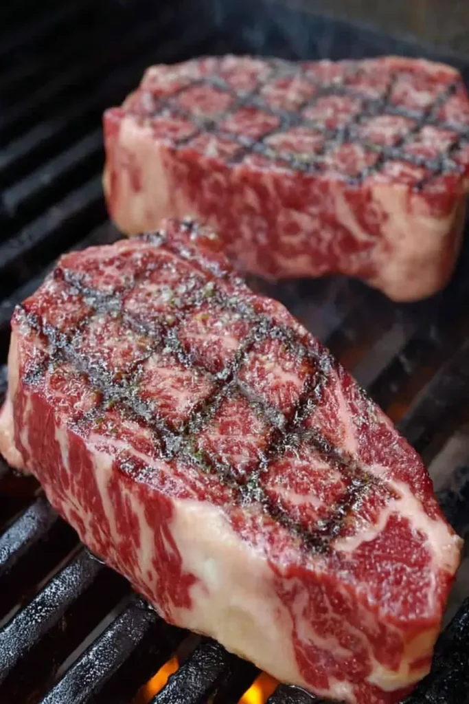 Grilled Wagyu Steak before searing, thick marbled Wagyu steaks resting on hot grill grates with bold crosshatch marks and rising steam