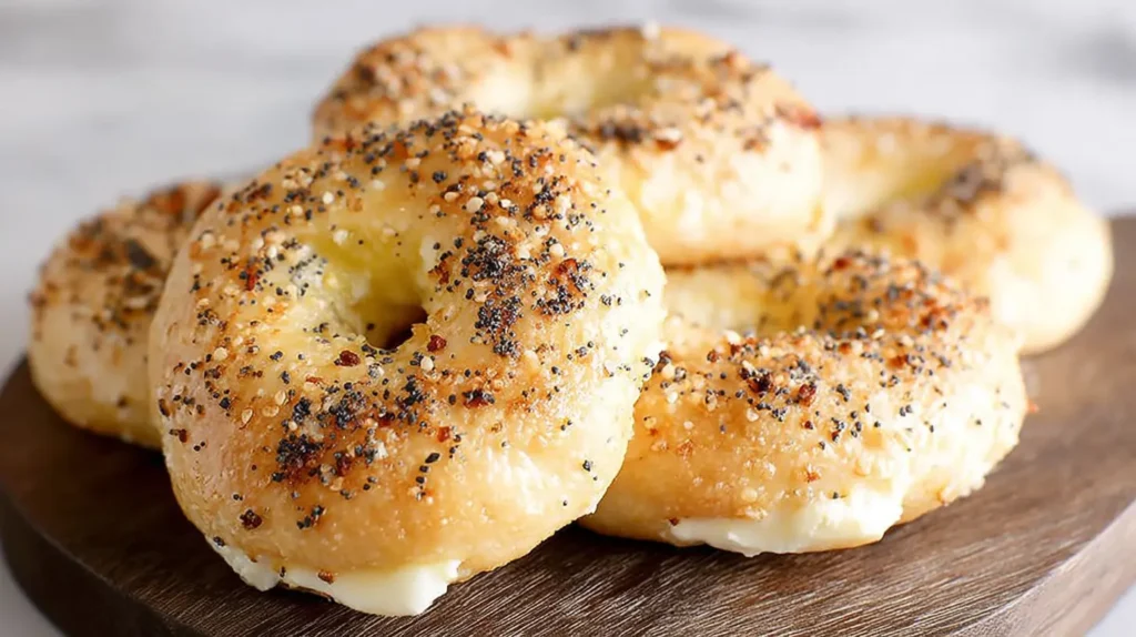 Close-up of golden cottage cheese bagels topped with everything seasoning on a wooden board.