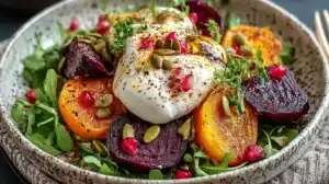 Shallow bowl of beet and carrot salad with burrata, arugula, pumpkin seeds and pomegranate arils.