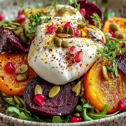 Shallow bowl of beet and carrot salad with burrata, arugula, pumpkin seeds and pomegranate arils.