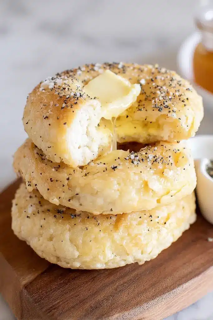 Three cottage cheese bagels stacked on a wooden board, the top bagel torn open with a pat of melting butter.