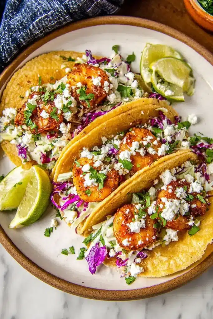 Shrimp tacos with slaw on a plate topped with cilantro and crumbled cheese, served with lime wedges