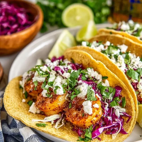 Shrimp tacos with slaw served on corn tortillas with purple cabbage, cilantro, crumbled cheese, and lime wedges on the side