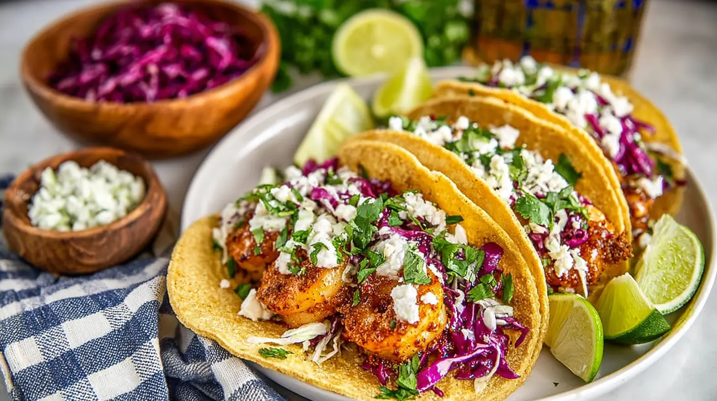 Shrimp tacos with slaw served on corn tortillas with purple cabbage, cilantro, crumbled cheese, and lime wedges on the side