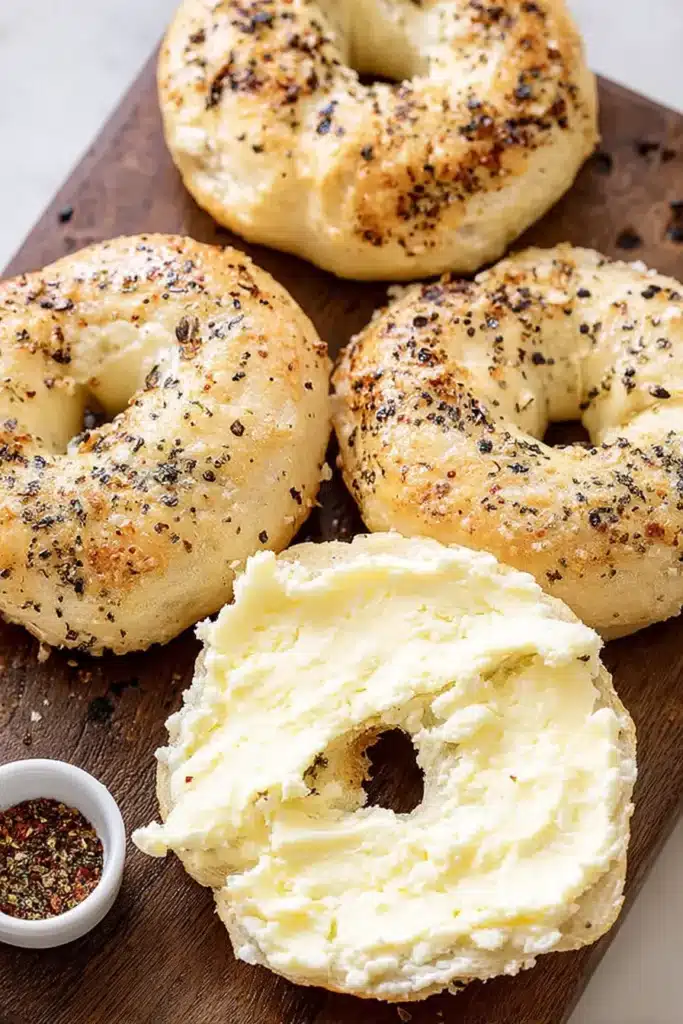 Wooden board with cottage cheese bagels and one bagel half generously spread with cream cheese.