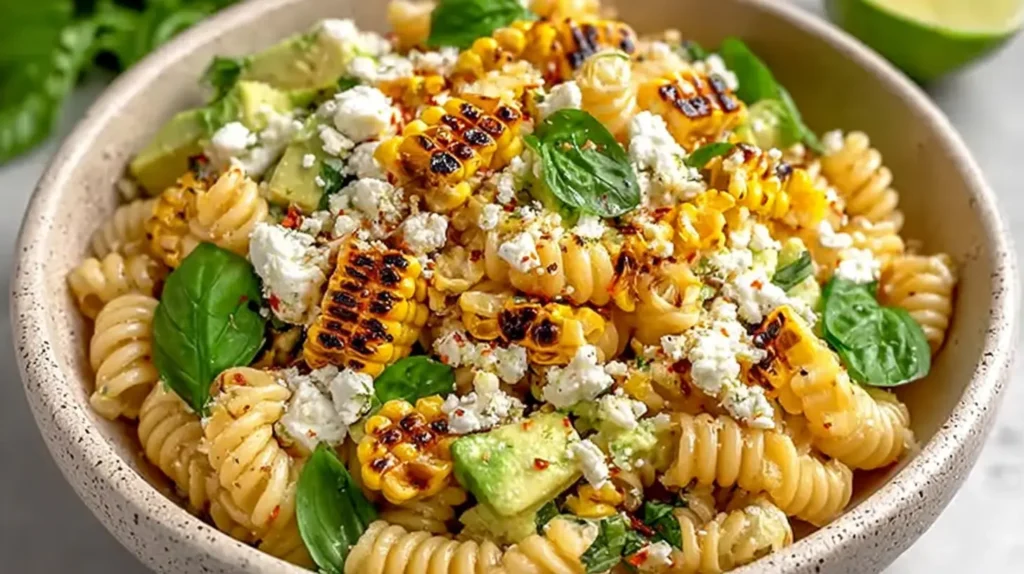 Healthy Street Corn Pasta Salad loaded with grilled corn, rotini pasta, avocado chunks, fresh greens, cheese crumbles, and chili flakes in a speckled bowl