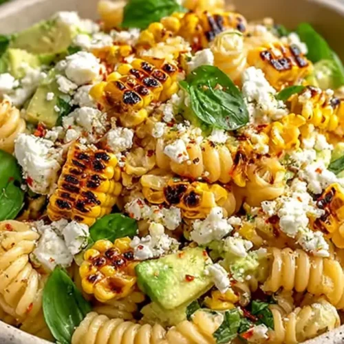 Healthy Street Corn Pasta Salad loaded with grilled corn, rotini pasta, avocado chunks, fresh greens, cheese crumbles, and chili flakes in a speckled bowl