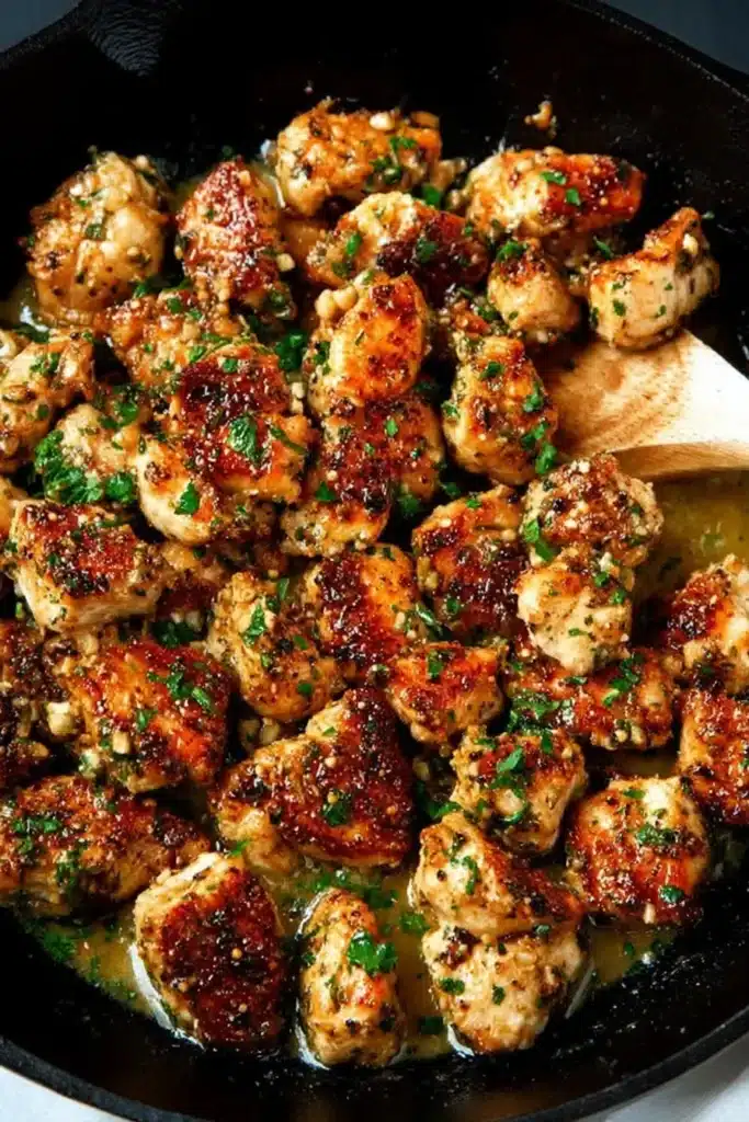 Garlic Butter Chicken Bites cooking in a skillet with garlic butter sauce, parsley, and a wooden spoon