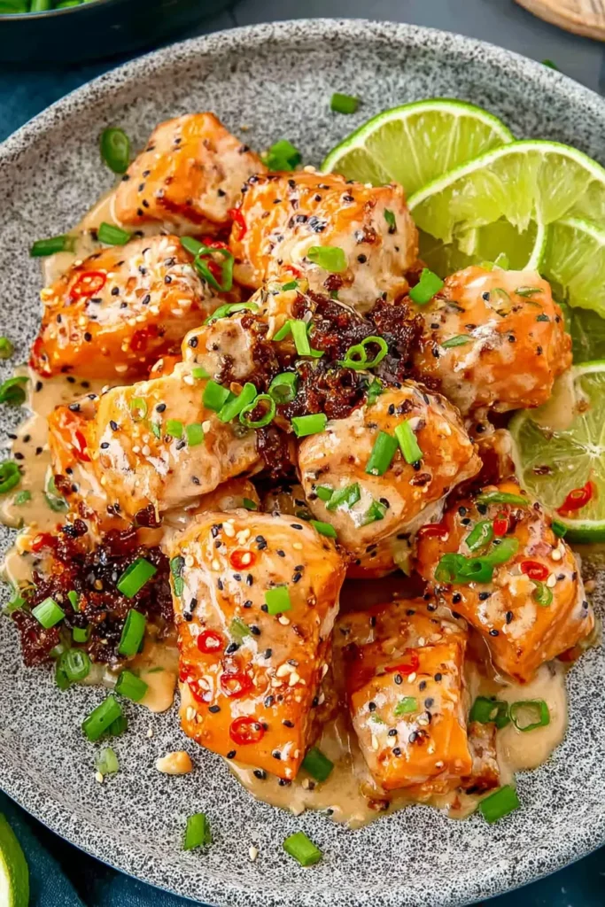 Close-up of bang bang salmon bites on a gray plate, coated in creamy chili sauce and topped with scallions, sesame seeds and lime wedges.