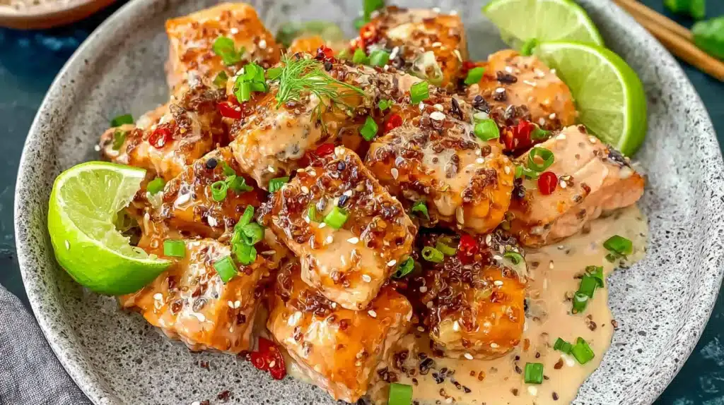 Large gray platter filled with bang bang salmon chunks in creamy sauce, garnished with scallions, sesame seeds, red chili and lime wedges.