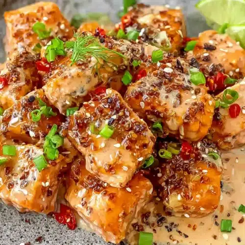 Large gray platter filled with bang bang salmon chunks in creamy sauce, garnished with scallions, sesame seeds, red chili and lime wedges.