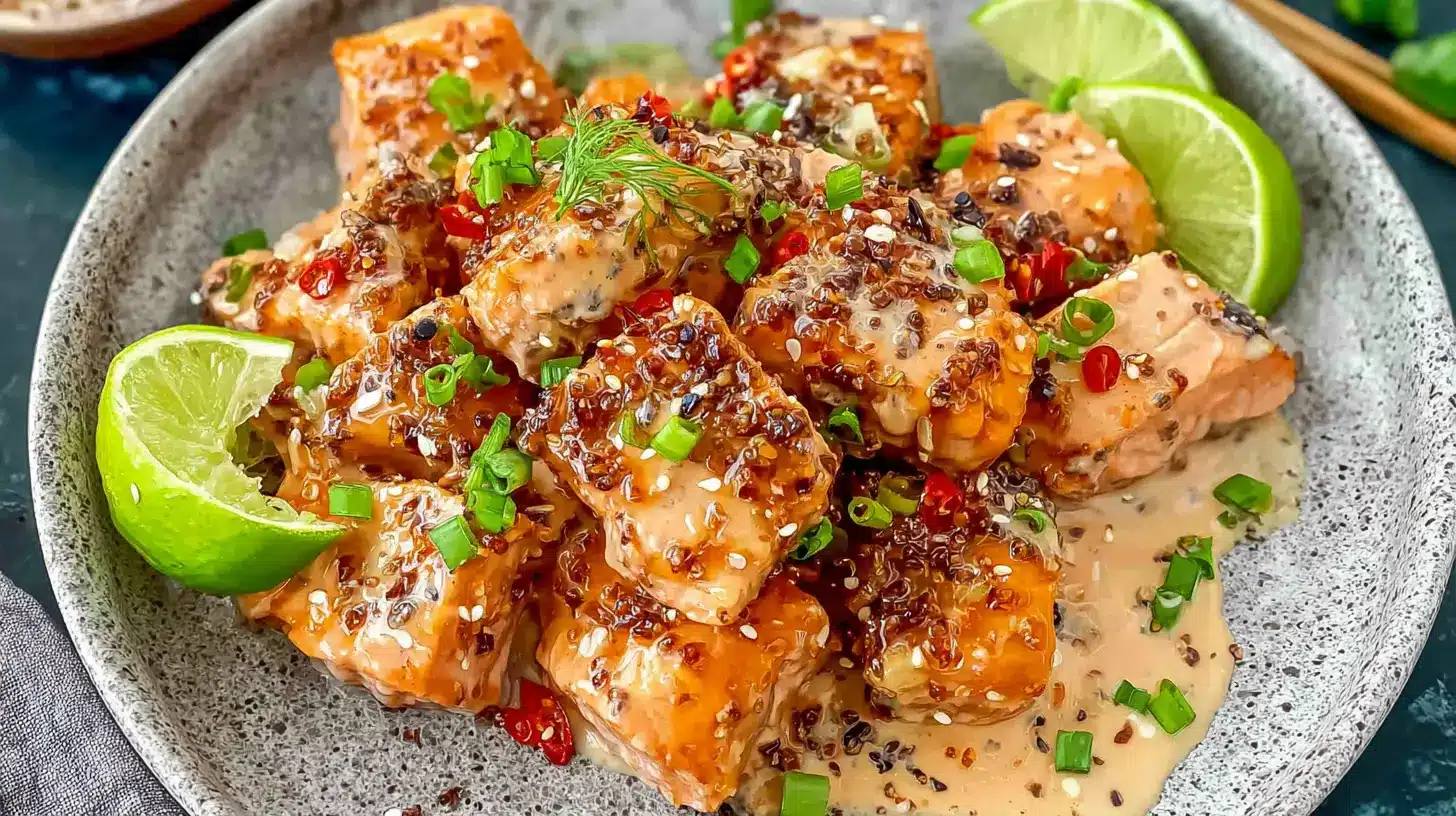 Large gray platter filled with bang bang salmon chunks in creamy sauce, garnished with scallions, sesame seeds, red chili and lime wedges.