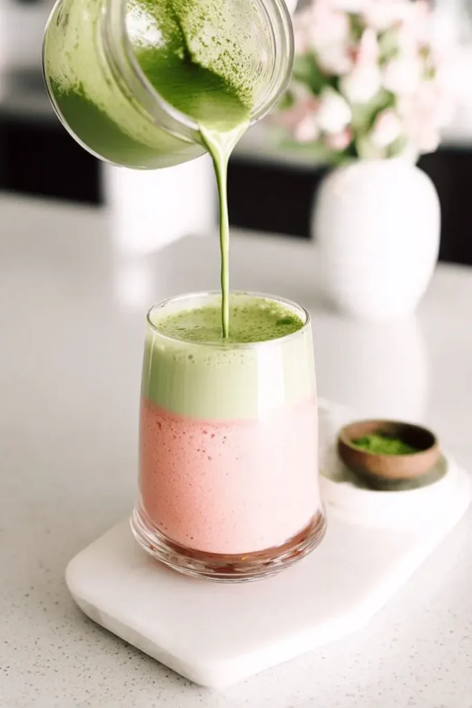 Green matcha being poured from a jar over a pink strawberry milk layer to make a strawberry matcha latte.