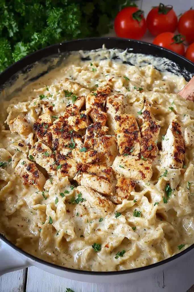 Chicken Garlic Parmesan Pasta in a skillet with creamy parmesan garlic sauce, pan-seared chicken strips, and fresh herb garnish